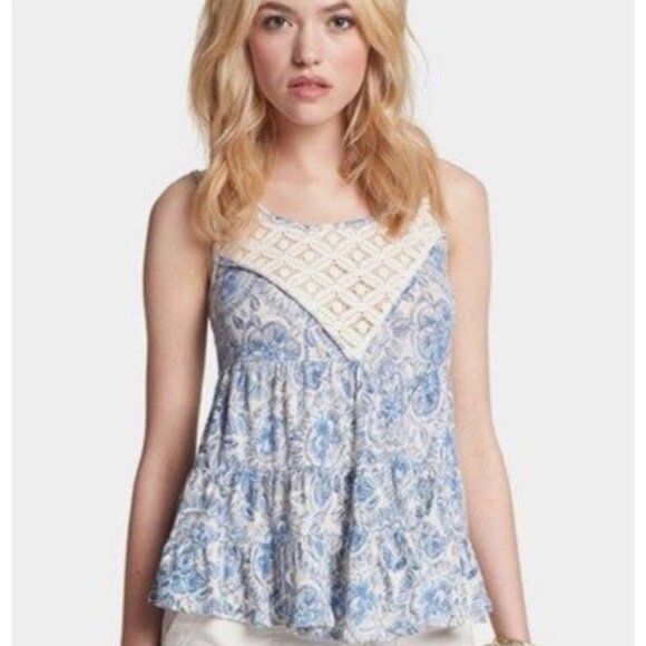 Free People Dorothy Blue Floral Crochet Babydoll Tank Top - Picture 1 of 9